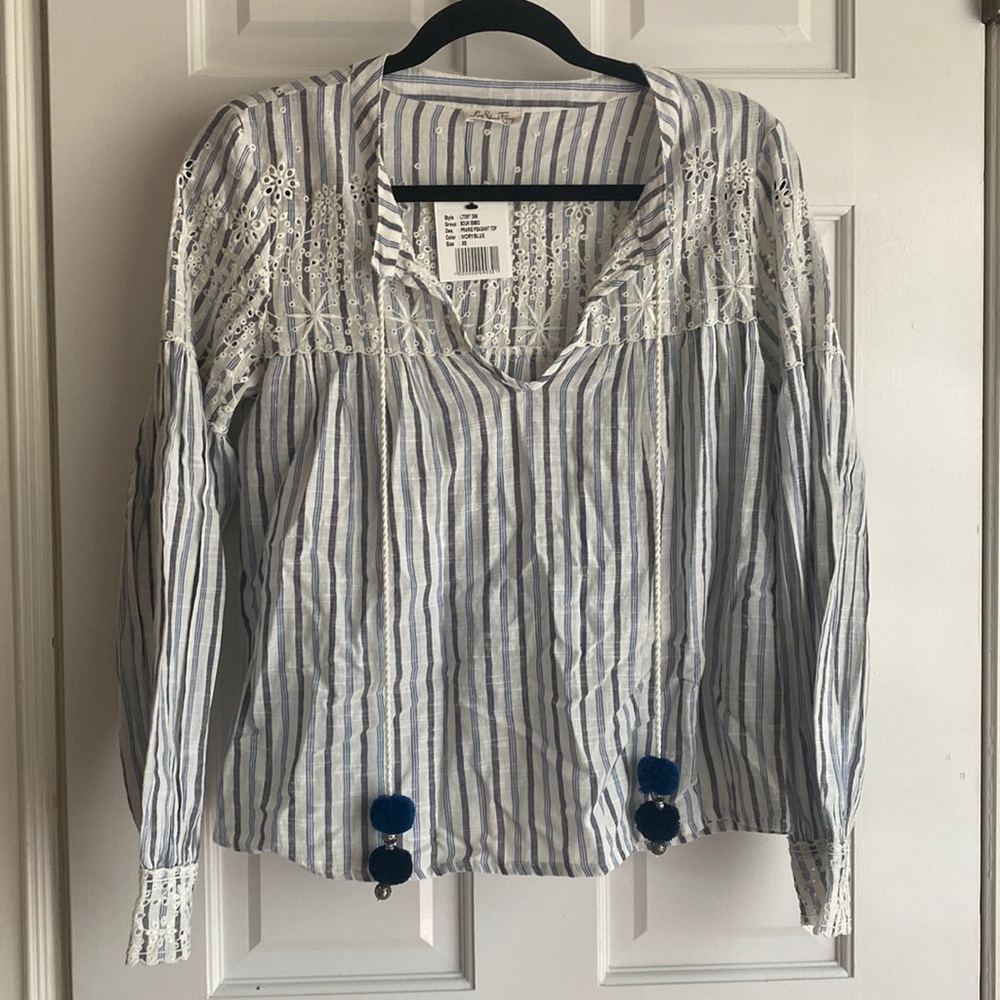 Love Shack Fancy Prarie Peasant Top ivory/blue